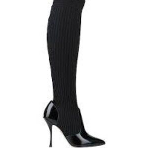 DOLCE & GABBANA Glossed-leather And Ribbed-knit Boots In Black, NWT, size 9.5